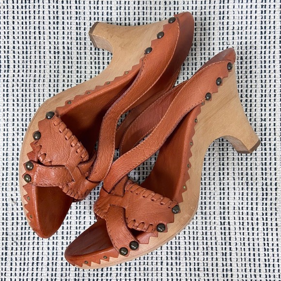 Costume National Heels Size 38.5 Wooden Platform Clogs Y2K Boho Western Artisan - Picture 9 of 10